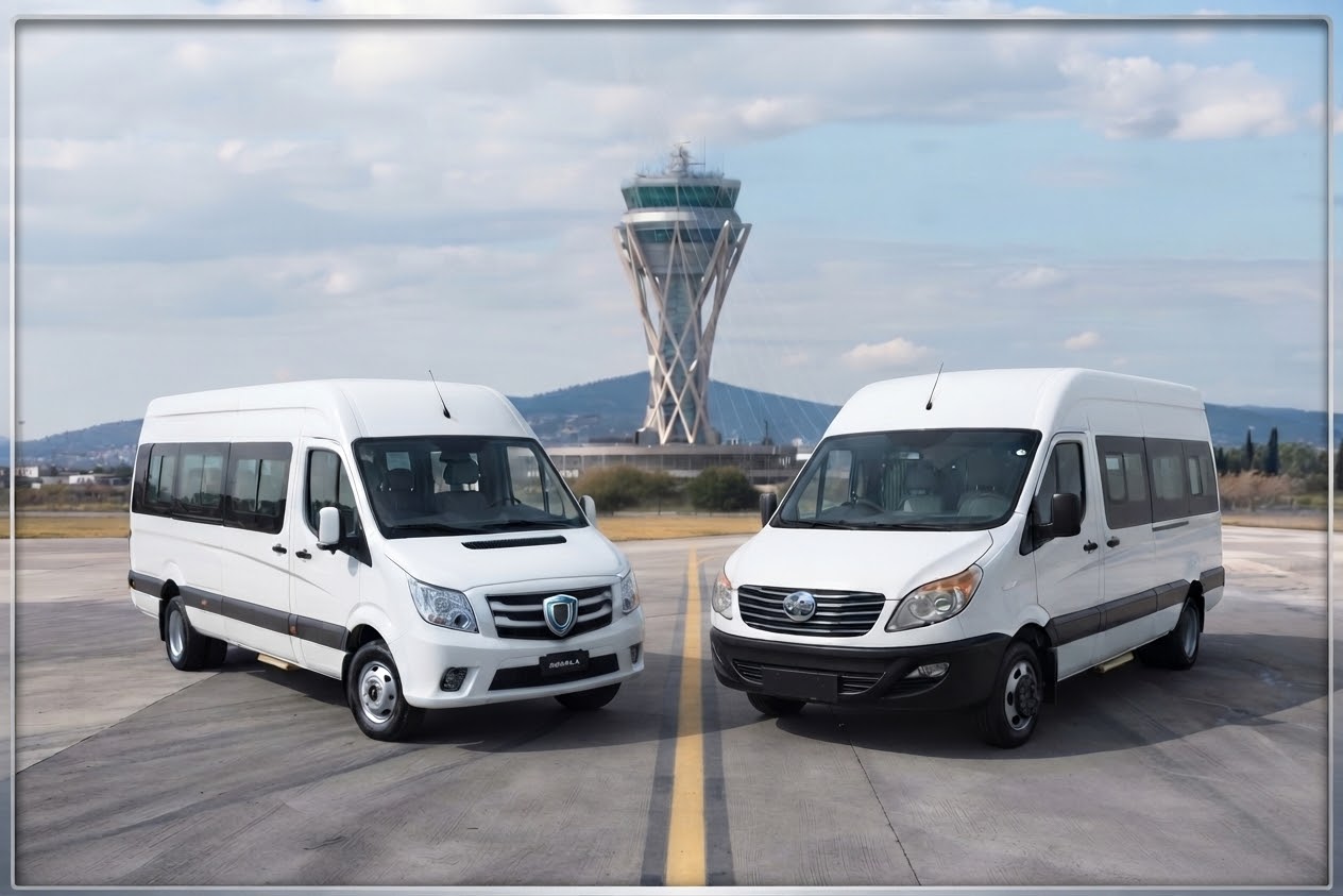 Dos vehículos de la flota Transporte Ovalles en pista de aeropuerto